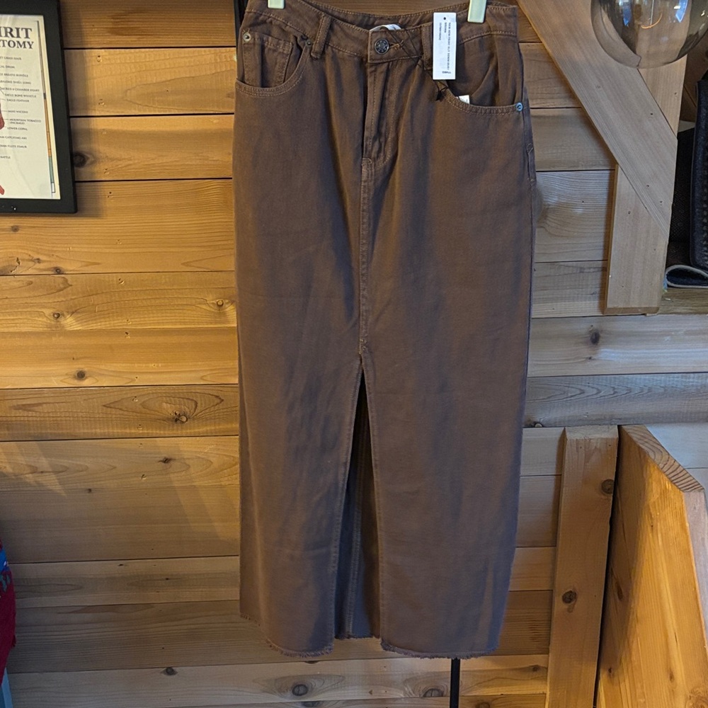 Brown Denim Raw Hem Maxi Skirt NWT